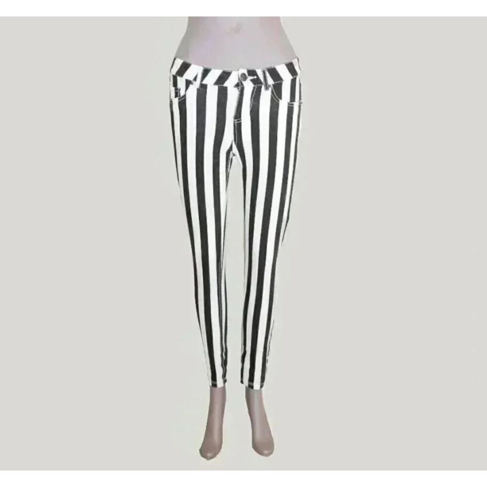 Black White Stripe Skinny Jeans Slim Stretch Pants Y2K Goth Punk Rocker Small